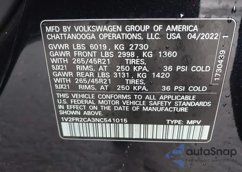 2022 Volkswagen Atlas 3.6L V6 Sel Premium R-Line z USA, uszkodzony, nr VIN 1V2FR2CA3NC541015